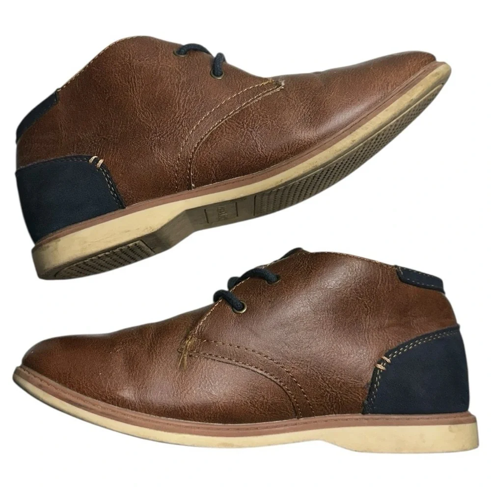 Max + Jake Size 5 Brown Navy Blue Faux Leather Damian Bennett Chukka Dress Boots
